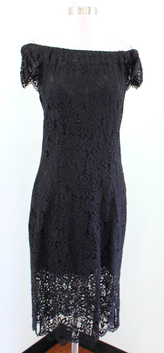 Nanette Lepore Black Off the Shoulder Lace Midi Dress Size 2 Cocktail Party