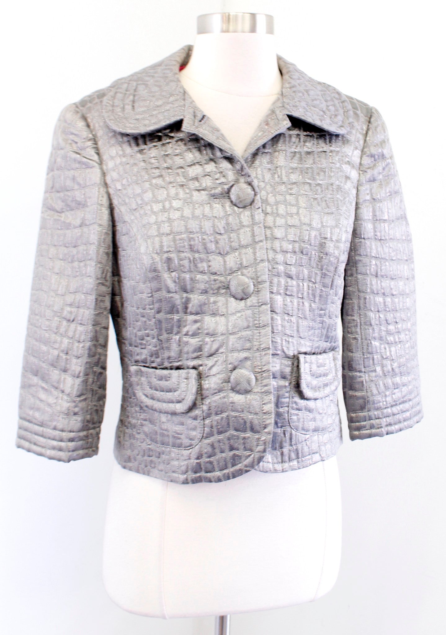 Trina Turk Gray Crocodile Animal Textured Metallic Cropped Jacket Size 6 Wool
