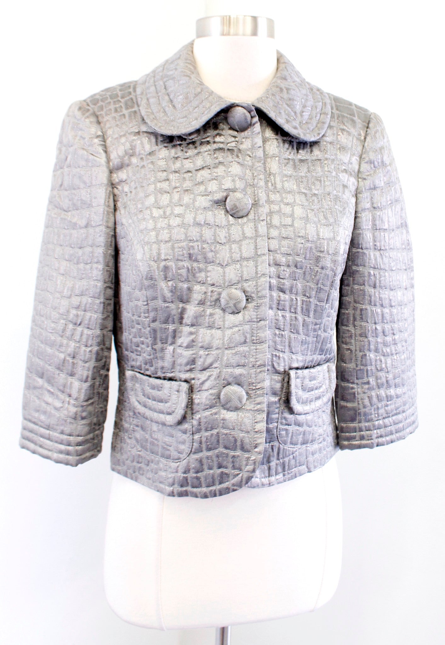 Trina Turk Gray Crocodile Animal Textured Metallic Cropped Jacket Size 6 Wool