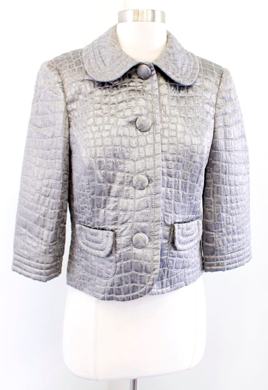 Trina Turk Gray Crocodile Animal Textured Metallic Cropped Jacket Size 6 Wool