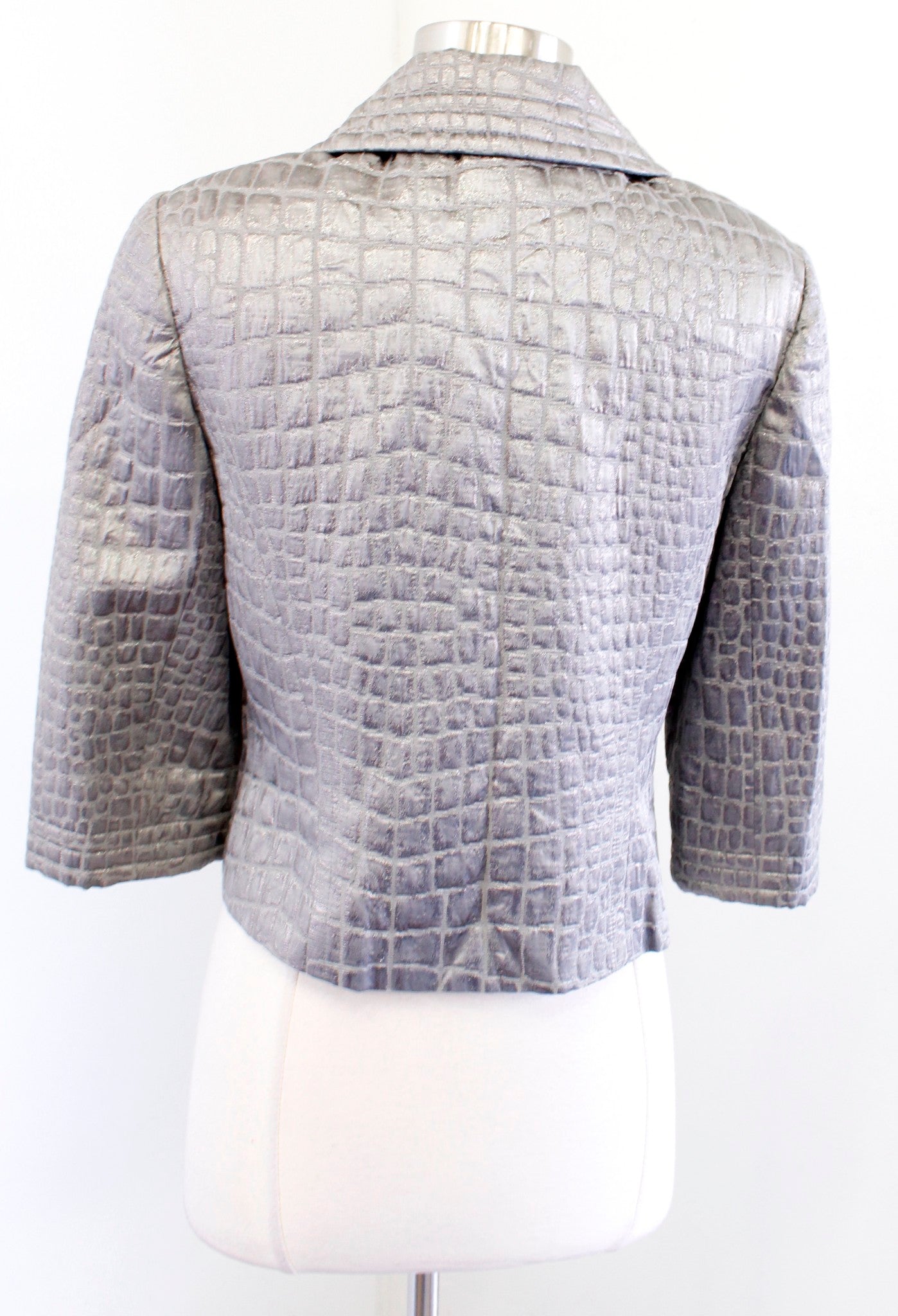 Trina Turk Gray Crocodile Animal Textured Metallic Cropped Jacket Size 6 Wool
