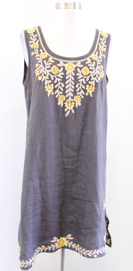 Johnny Was Gray Yellow Linen Floral Embroidered Drawstring Shift Tank Dress Sz S