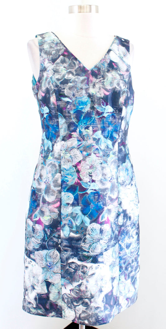 Doncaster Collection Blue Metallic Floral V Neck Sheath Dress Cocktail Party 4