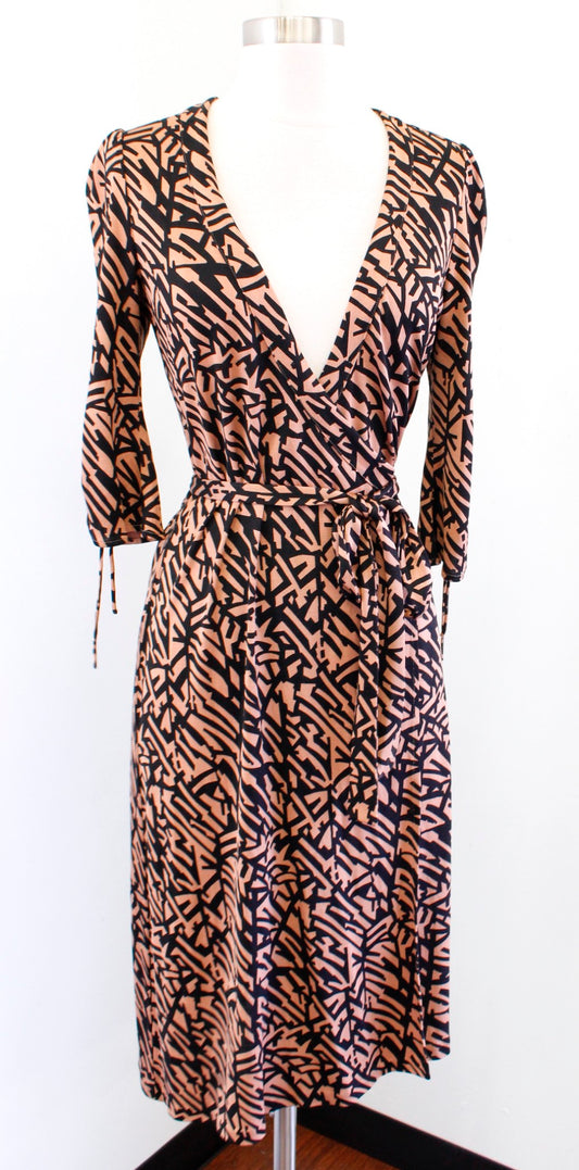 Diane Von Furstenberg Tiger Lily Brown Black Printed Silk Wrap Dress Size 4