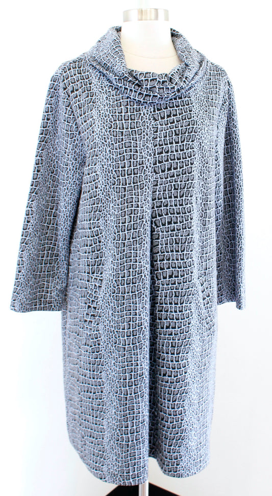 Tyler Boe Blue Black Snakeskin Animal Print Knit Cowl Neck Shift Dress Size L