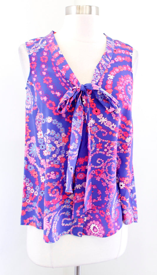 Lilly Pulitzer Raleigh Silk Tie Neck Tank Top Blouse SIze XS Secret Snail Blue