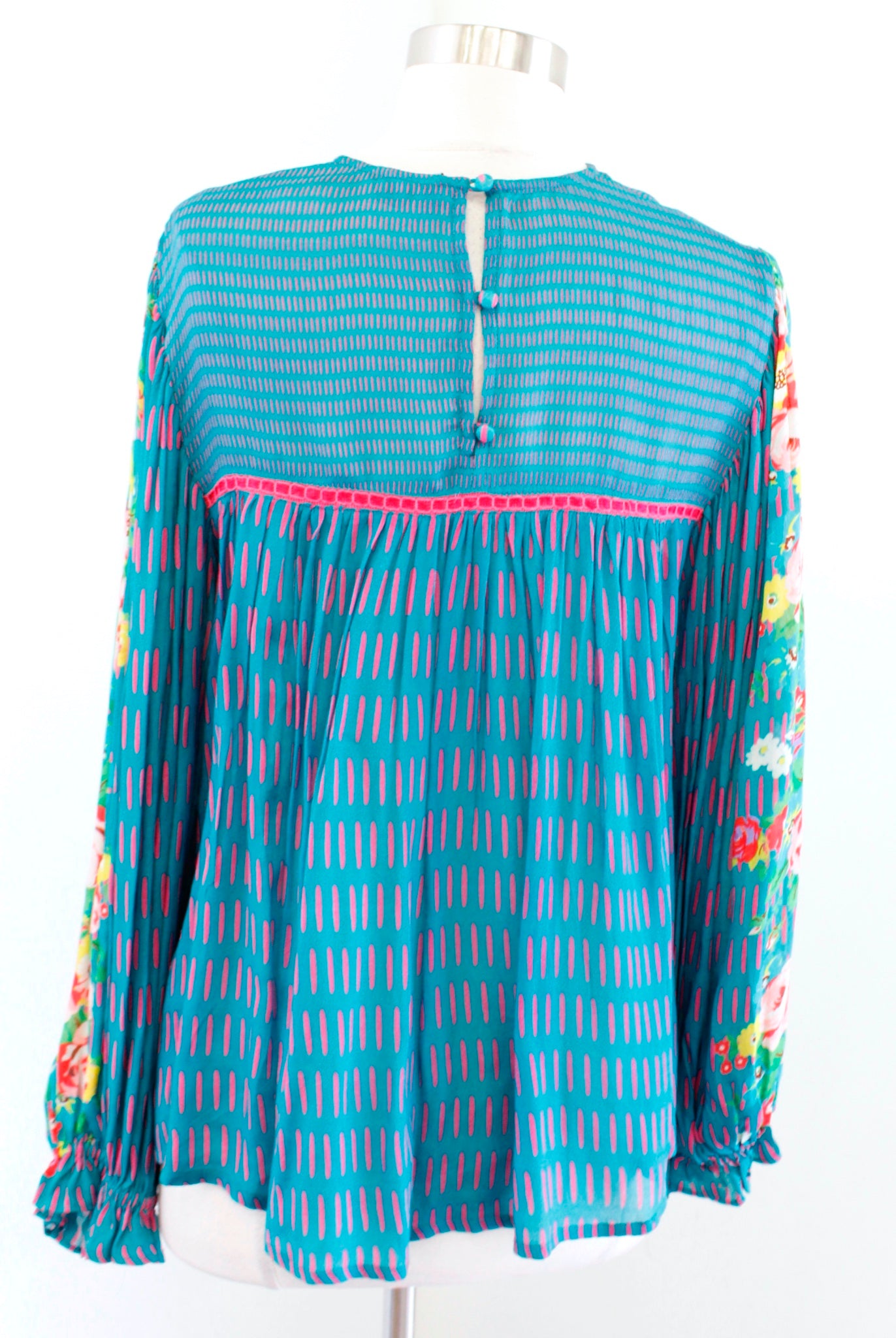 Blank London Anthropologie Miranda Teal Blue Floral Peasant Top Blouse Size S Long Sleeve