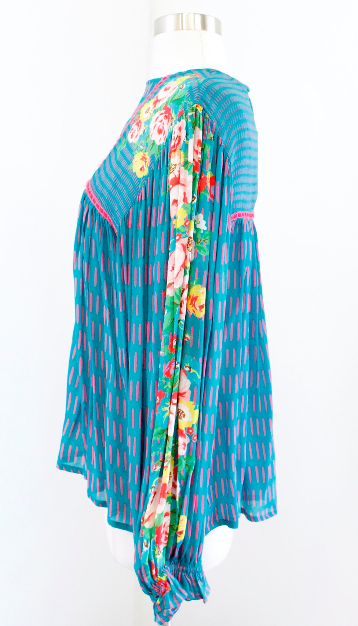 Blank London Anthropologie Miranda Teal Blue Floral Peasant Top Blouse Size S Long Sleeve