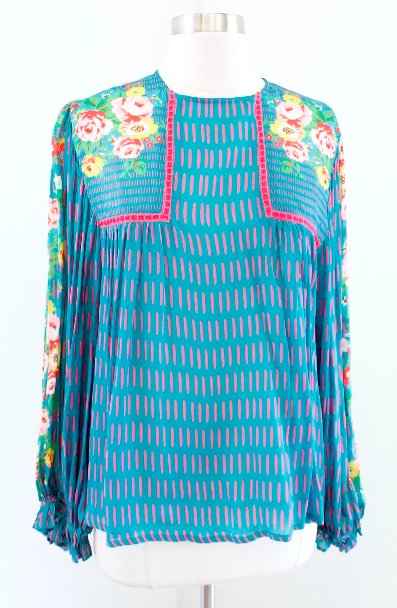 Blank London Anthropologie Miranda Teal Blue Floral Peasant Top Blouse Size S Long Sleeve