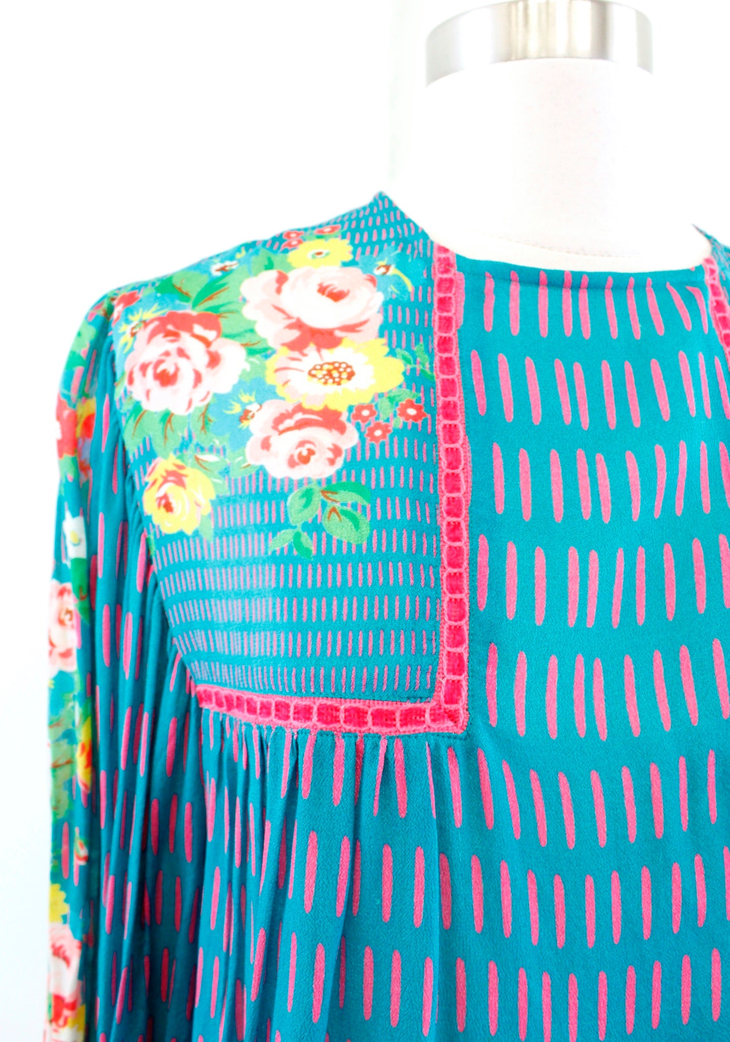 Blank London Anthropologie Miranda Teal Blue Floral Peasant Top Blouse Size S Long Sleeve