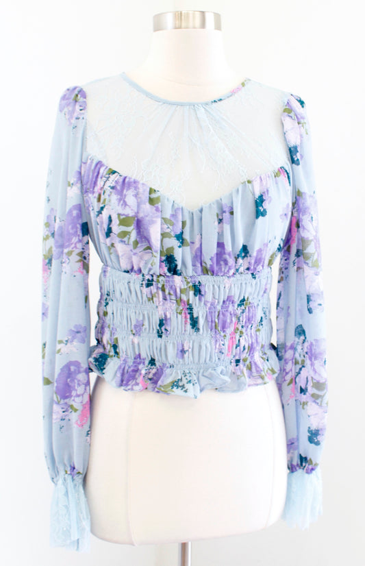 Free People Daphne Floral Lace Neckline Puff Sleeve Cropped Top Blouse Size S