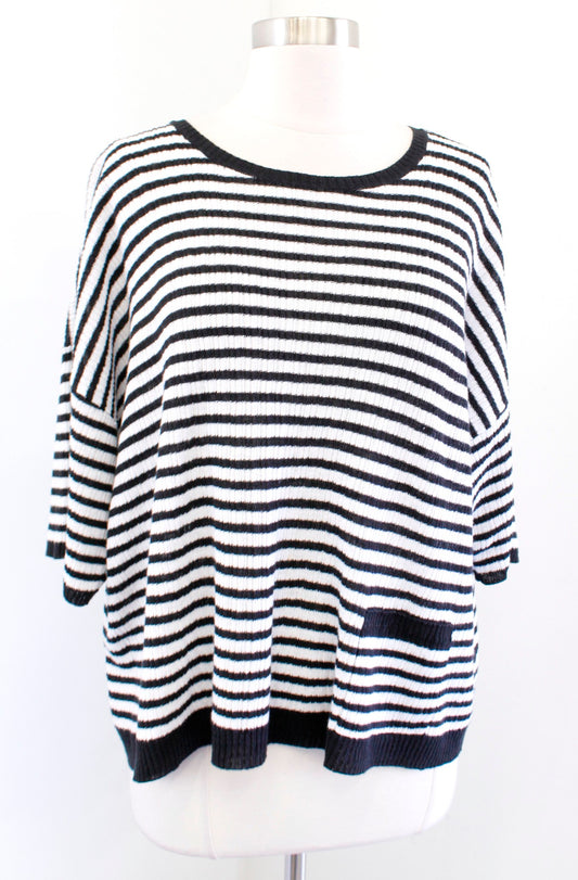 Eileen Fisher Black White Striped Organic Linen Pocket Boxy Sweater Top Sz PL LP