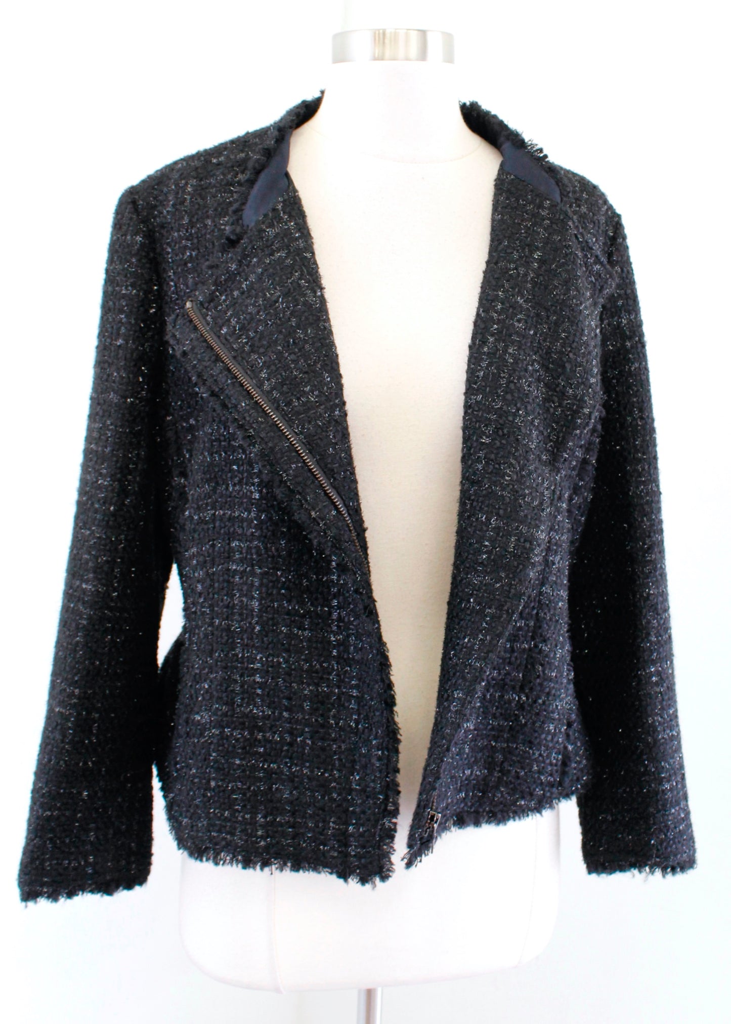 NWT Ann Taylor Black Shimmer Metallic Tweed Fringe Moto Blazer Jacket Sz 12 Wool