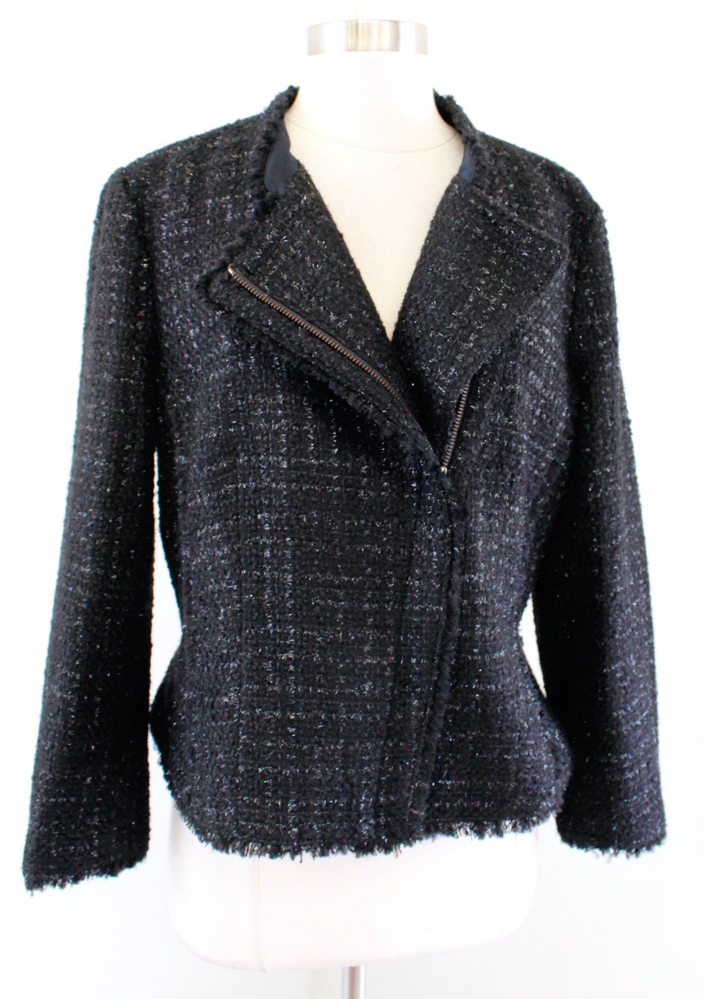 NWT Ann Taylor Black Shimmer Metallic Tweed Fringe Moto Blazer Jacket Sz 12 Wool