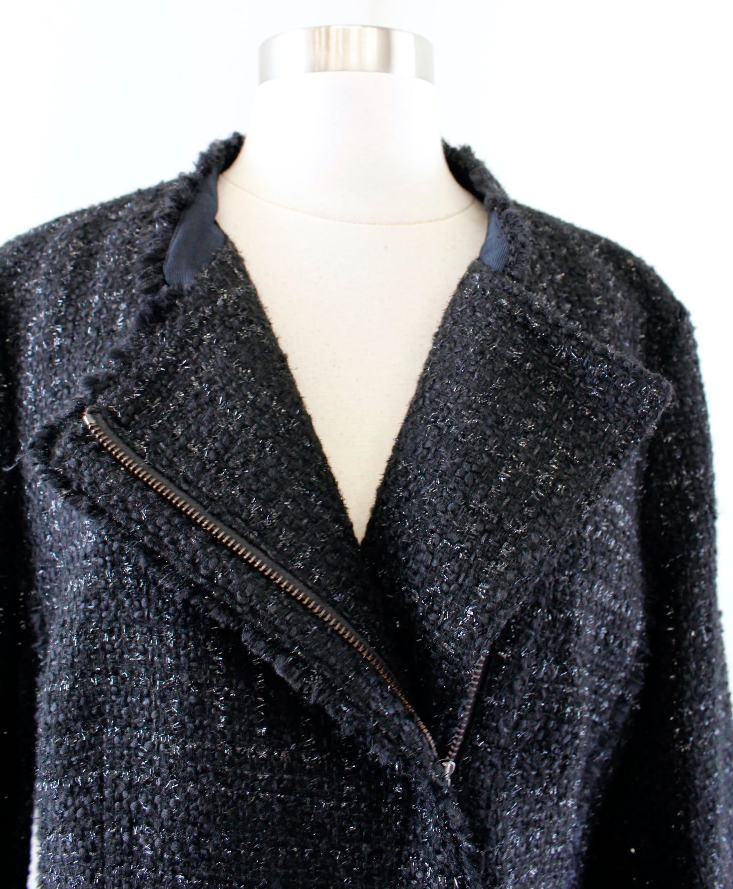 NWT Ann Taylor Black Shimmer Metallic Tweed Fringe Moto Blazer Jacket Sz 12 Wool