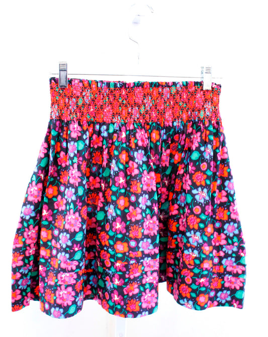 Kate Spade Black Colorful Floral Print Smocked A Line Mini Skirt Sz XS Red Pink