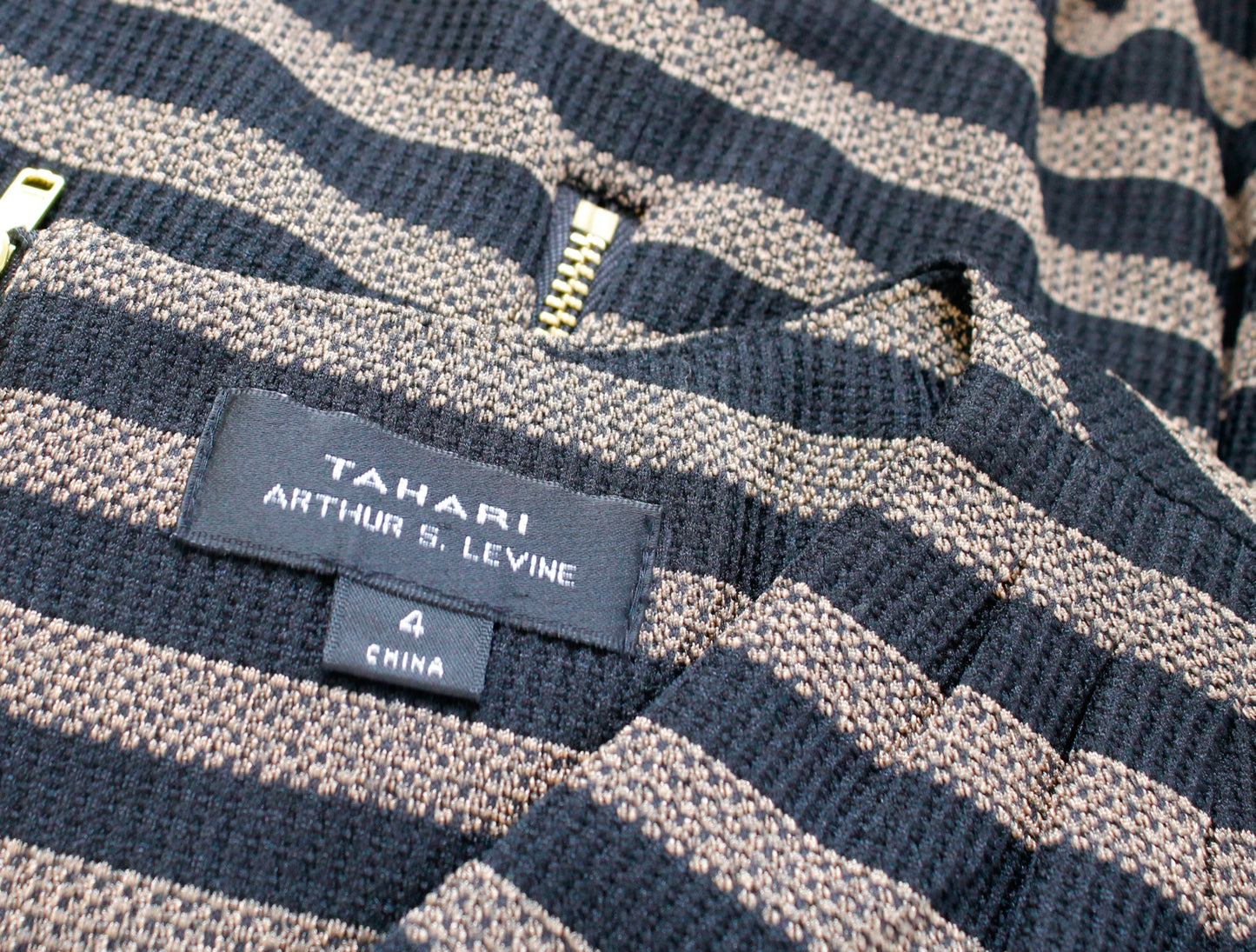 Tahari ASL Levine Black Tan Striped Asymmetric Neckline Ruched Sheath Dress Sz 4