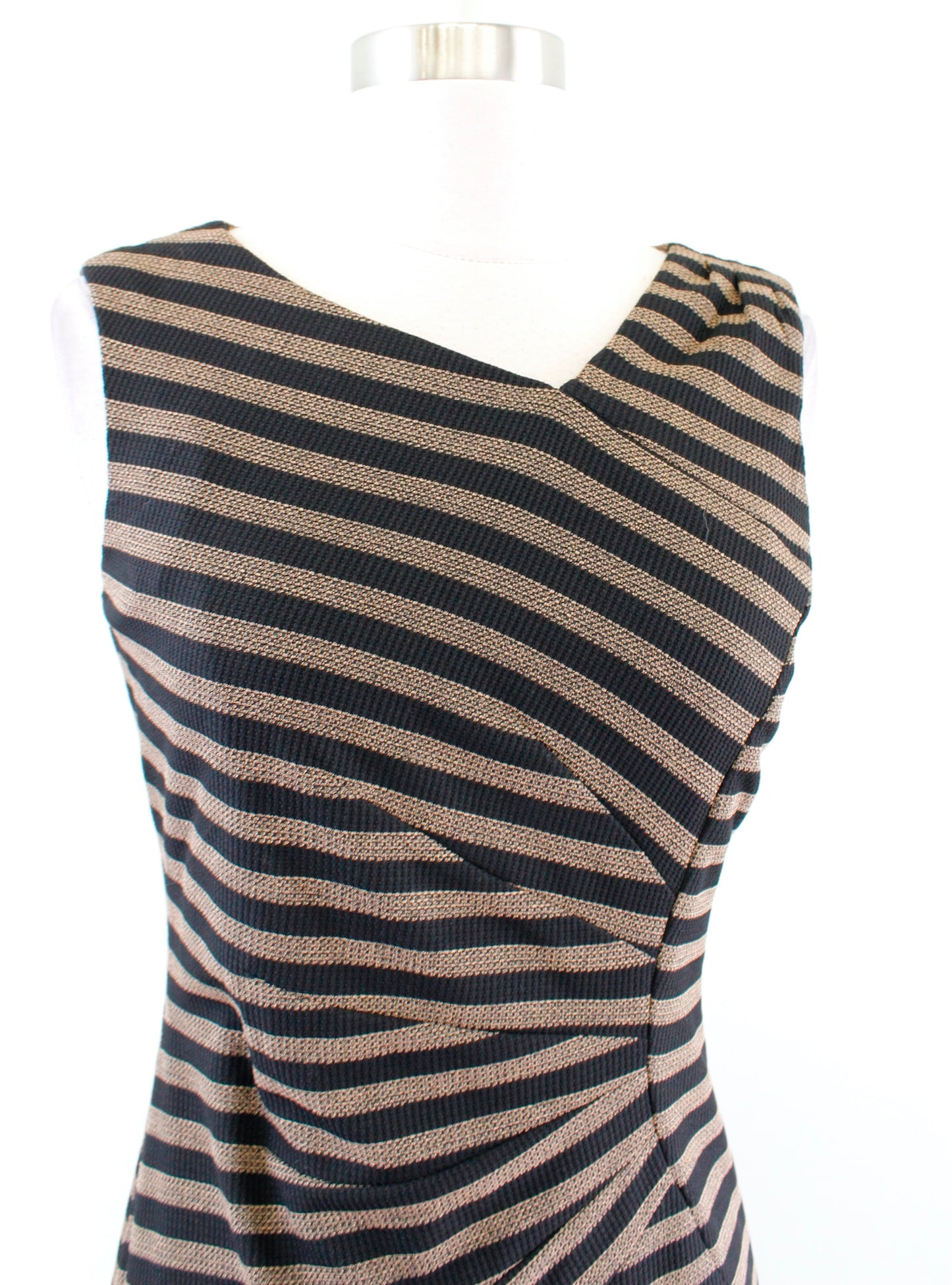Tahari ASL Levine Black Tan Striped Asymmetric Neckline Ruched Sheath Dress Sz 4
