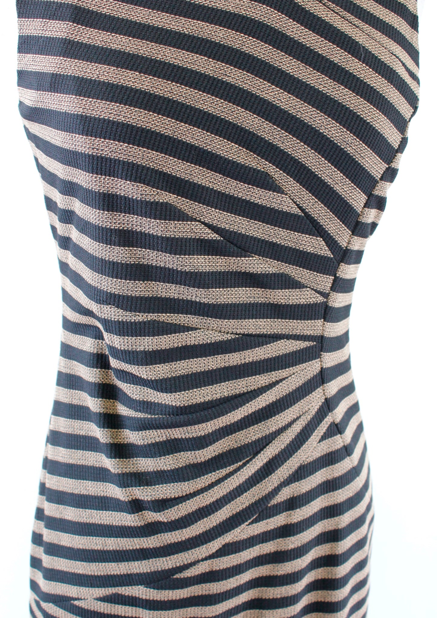 Tahari ASL Levine Black Tan Striped Asymmetric Neckline Ruched Sheath Dress Sz 4