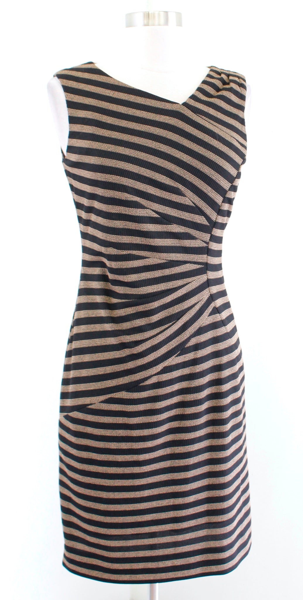 Tahari ASL Levine Black Tan Striped Asymmetric Neckline Ruched Sheath Dress Sz 4