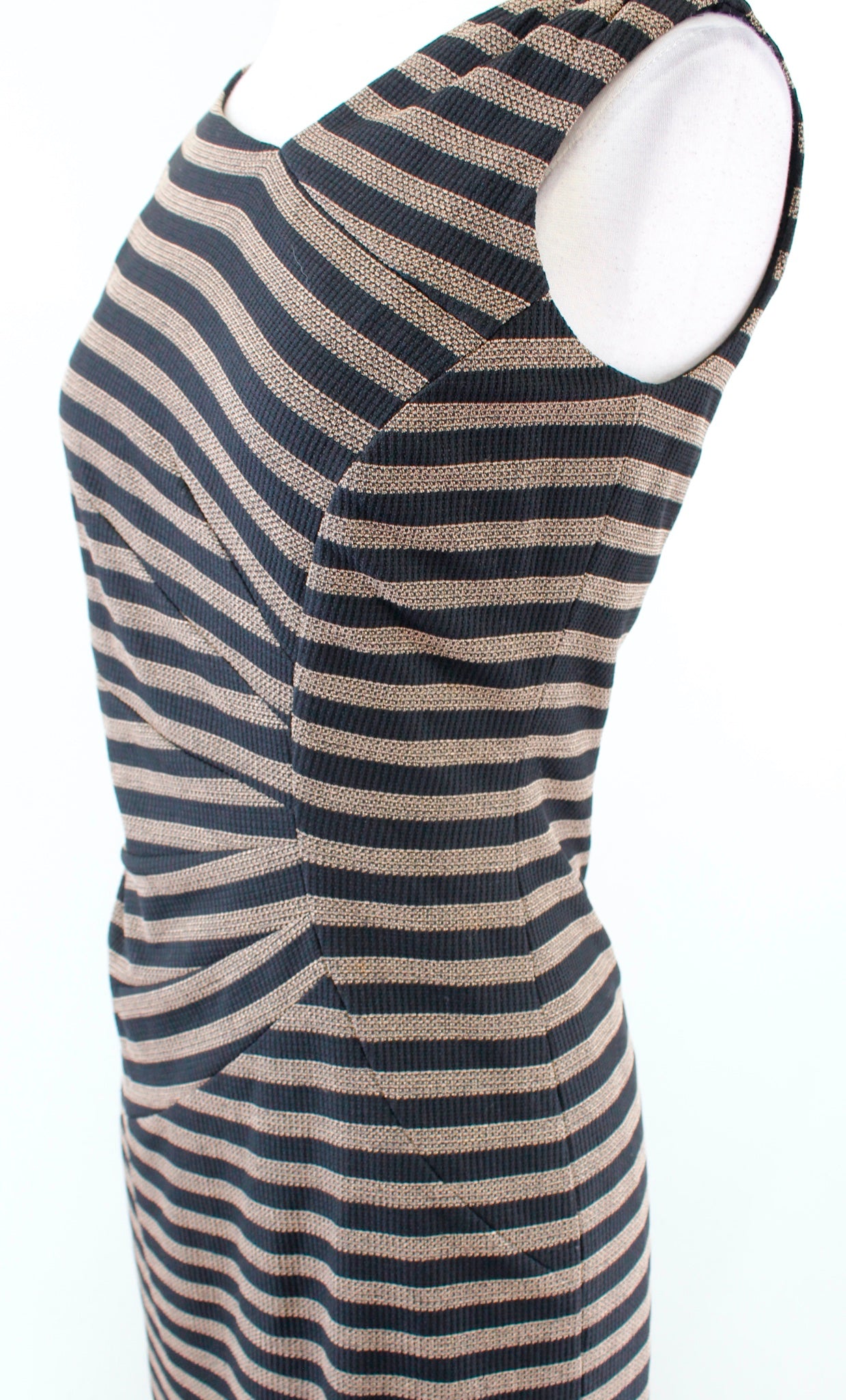 Tahari ASL Levine Black Tan Striped Asymmetric Neckline Ruched Sheath Dress Sz 4