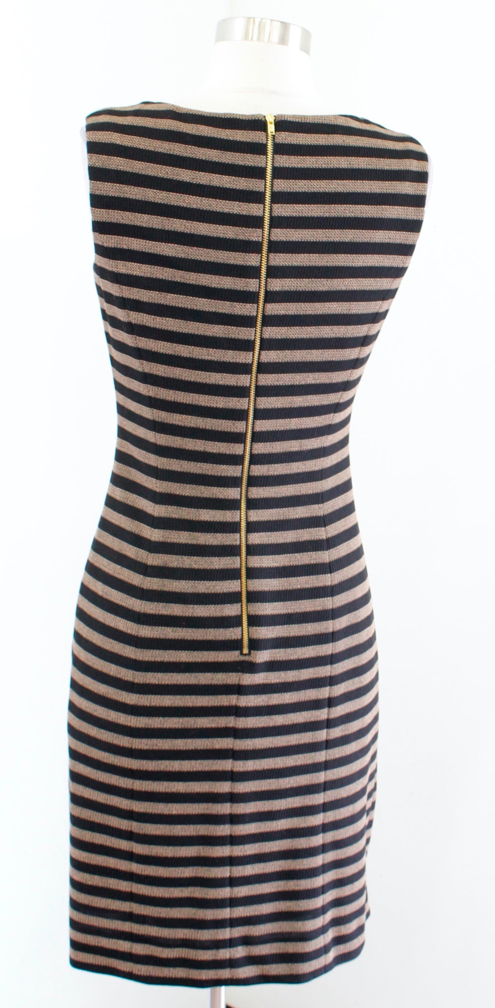 Tahari ASL Levine Black Tan Striped Asymmetric Neckline Ruched Sheath Dress Sz 4
