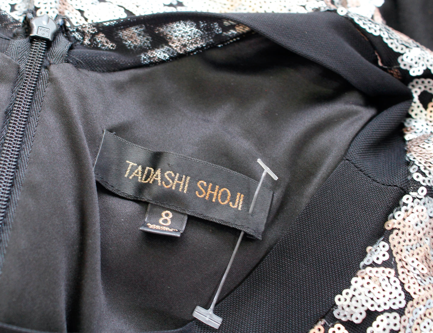 Tadashi Shoji Black Silver Rose Gold Sequin Cocktail Party Sheath Dress Size 8