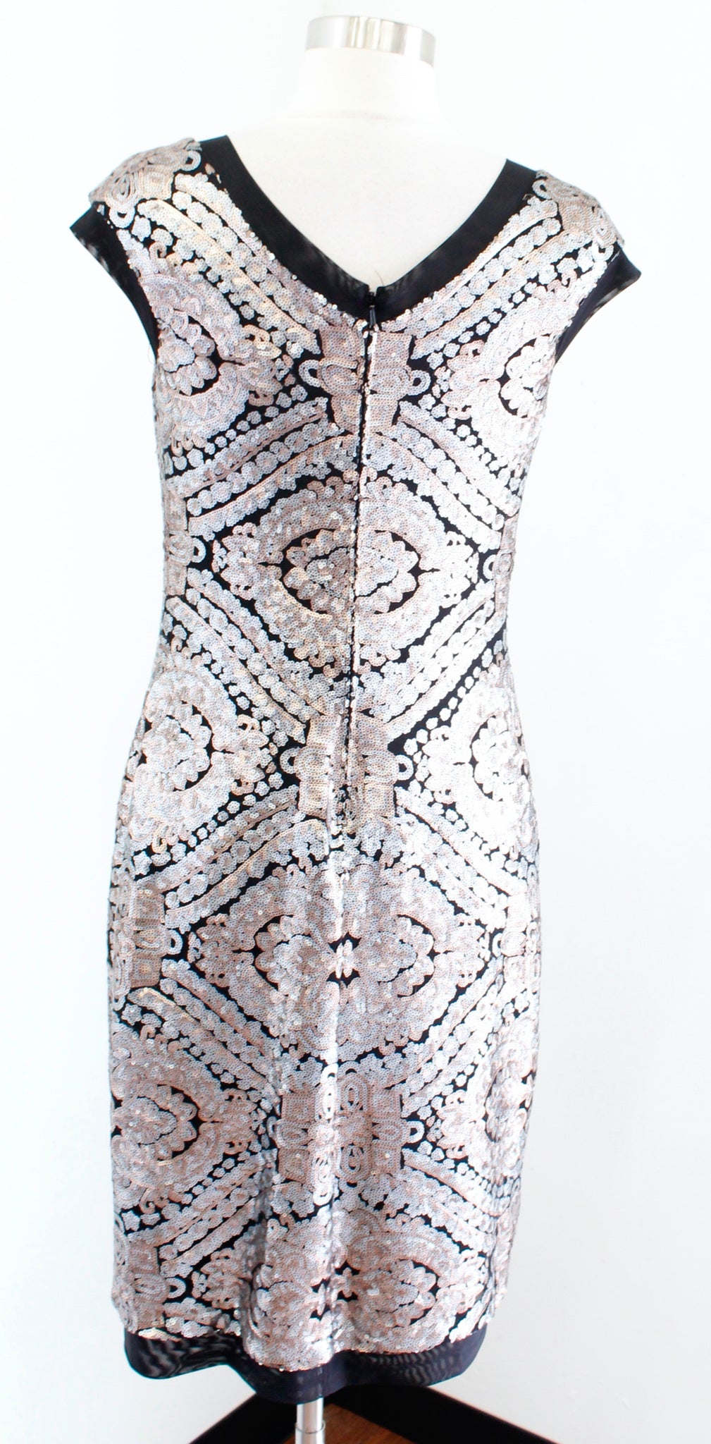 Tadashi Shoji Black Silver Rose Gold Sequin Cocktail Party Sheath Dress Size 8