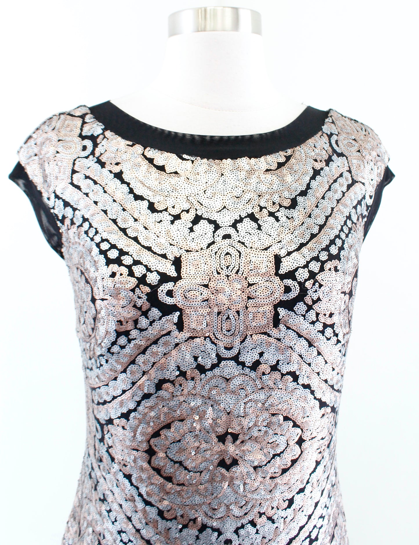 Tadashi Shoji Black Silver Rose Gold Sequin Cocktail Party Sheath Dress Size 8