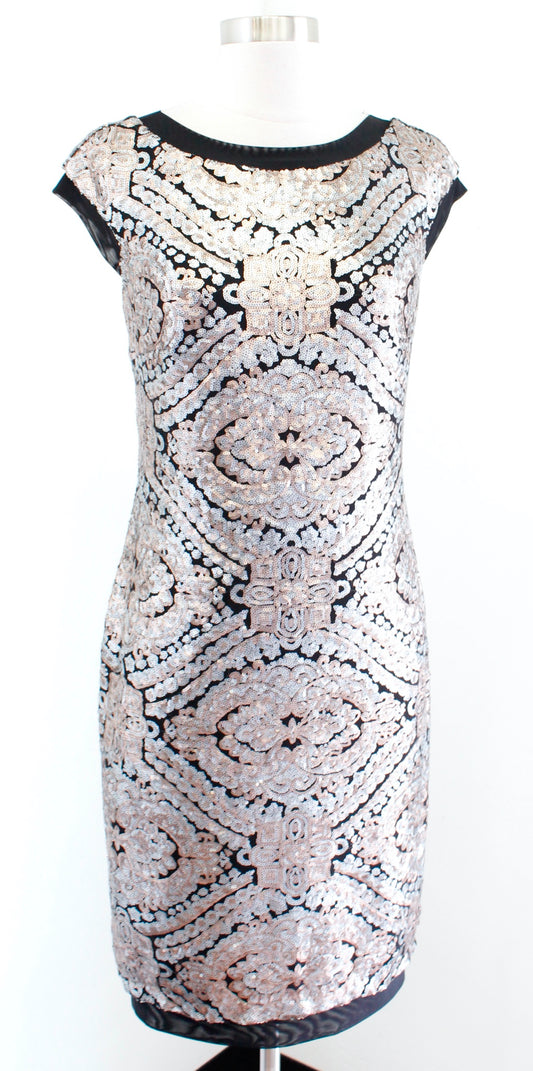 Tadashi Shoji Black Silver Rose Gold Sequin Cocktail Party Sheath Dress Size 8