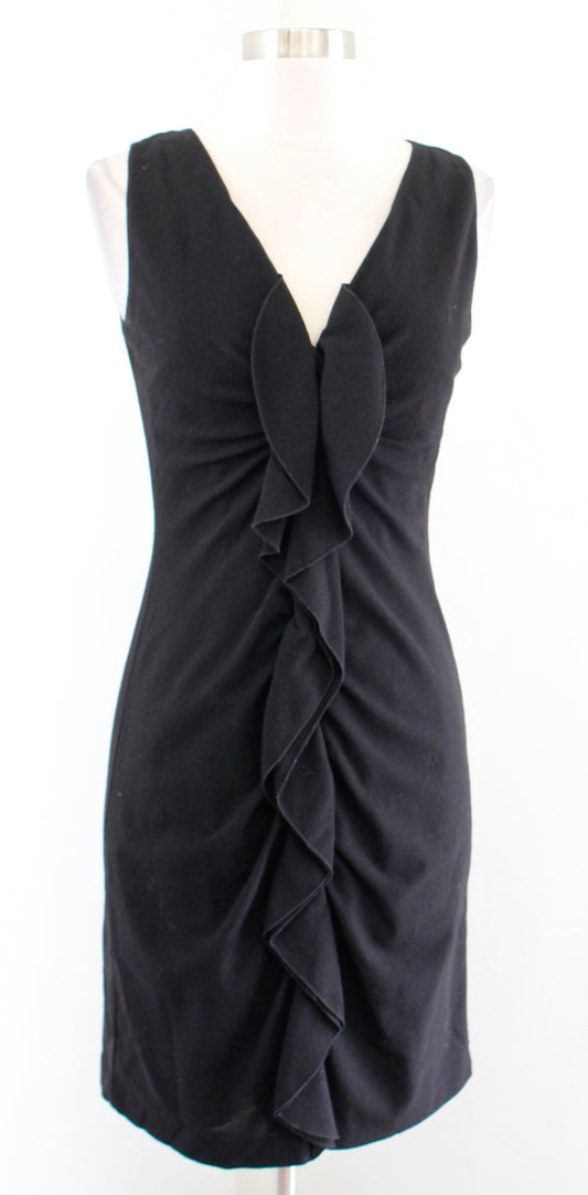 Elie Tahari Solid Black V Neck Ruffle Zip Front Wool Blend Sheath Dress Size 2