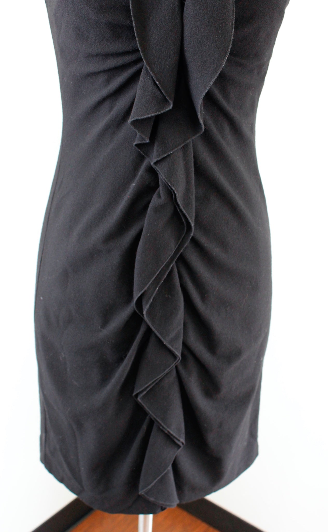 Elie Tahari Solid Black V Neck Ruffle Zip Front Wool Blend Sheath Dress Size 2