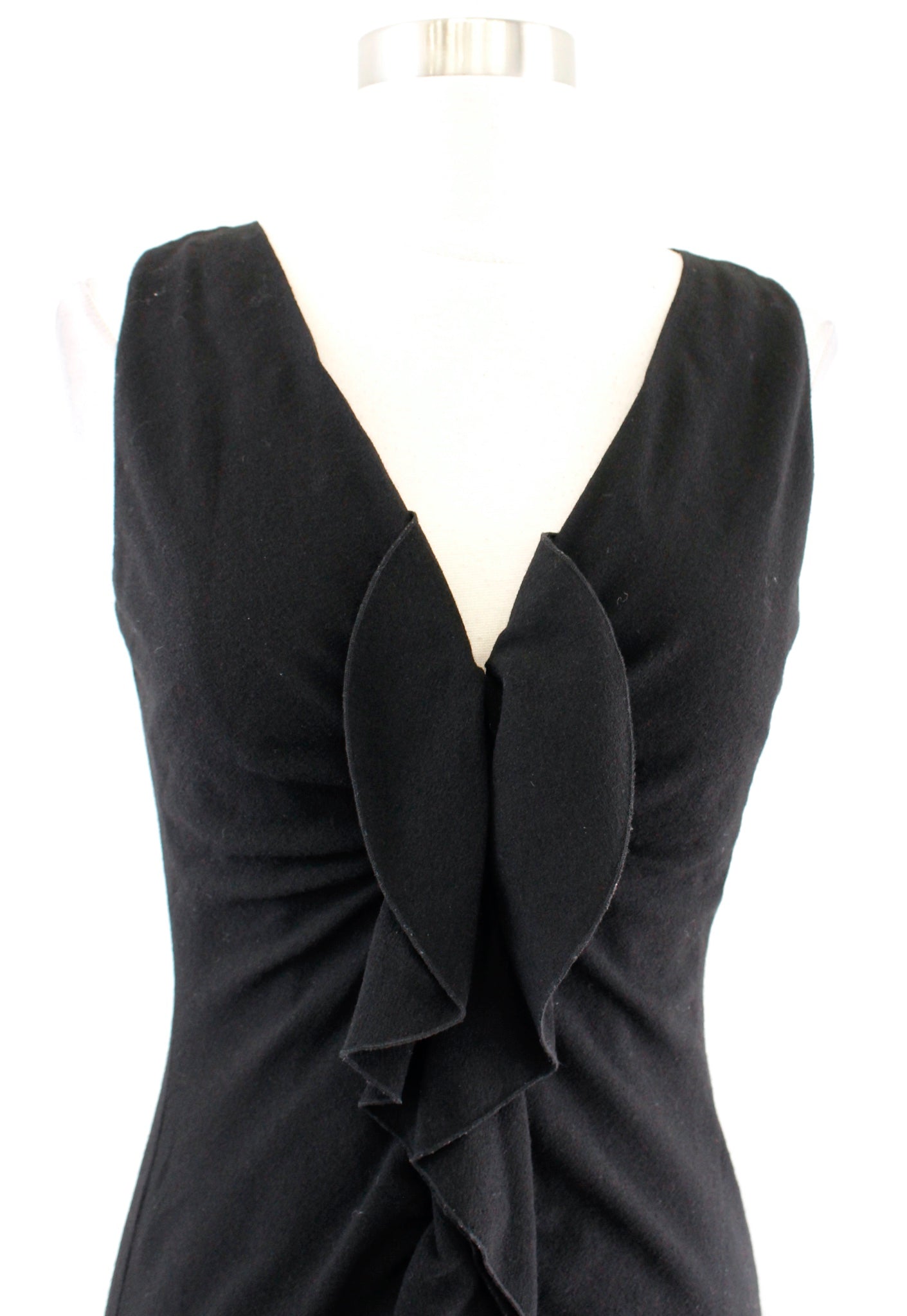 Elie Tahari Solid Black V Neck Ruffle Zip Front Wool Blend Sheath Dress Size 2