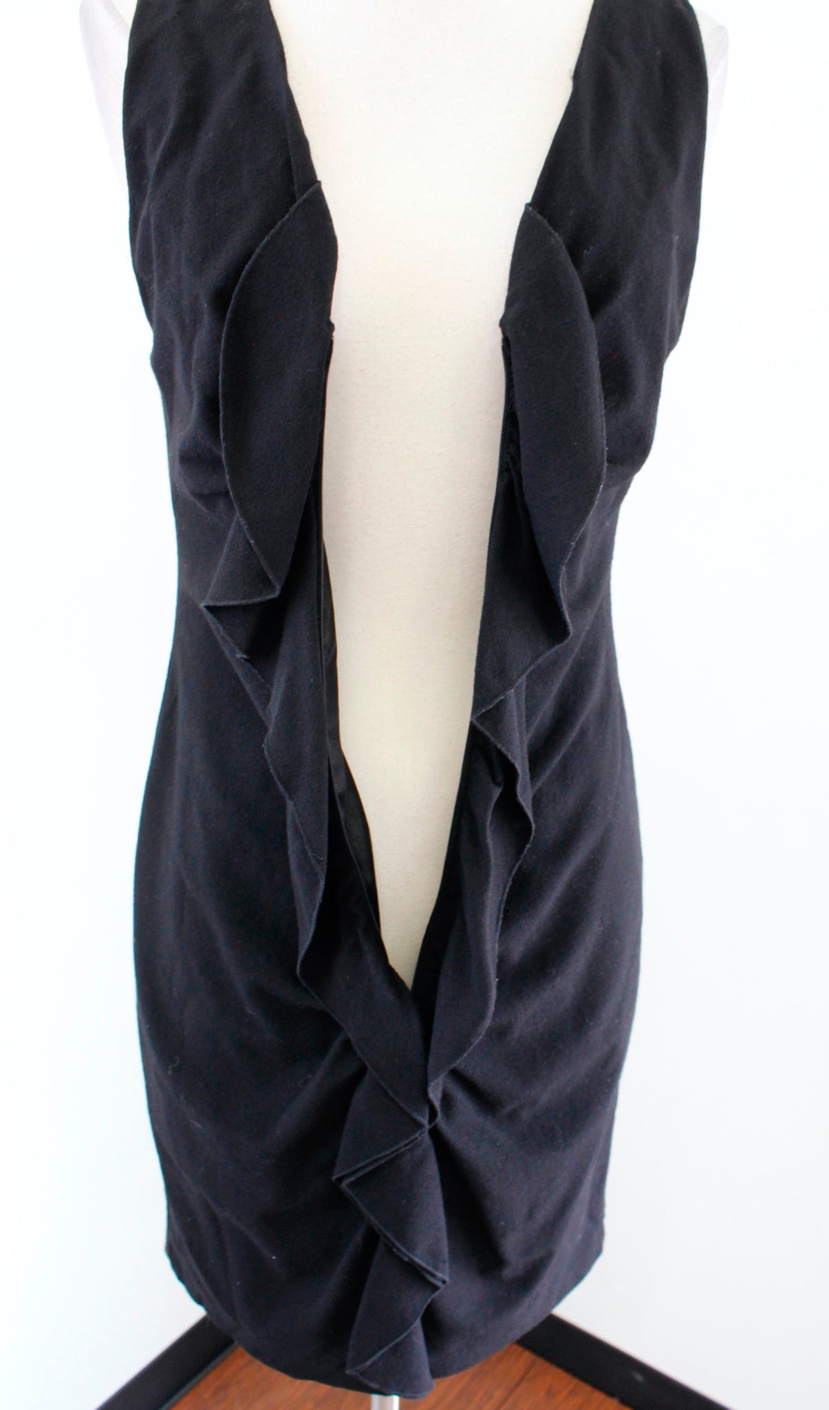 Elie Tahari Solid Black V Neck Ruffle Zip Front Wool Blend Sheath Dress Size 2