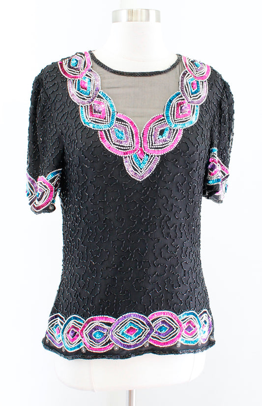 NWT Vtg Stenay Black Pink Blue Silk Beaded Sequin Mesh Evening Top Blouse Size s