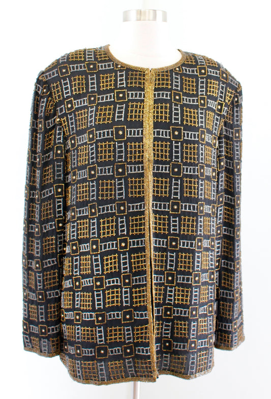 Vtg Black Gold Lord and Taylor Sequin Beaded Silk Evening Formal Jacket Size 18W