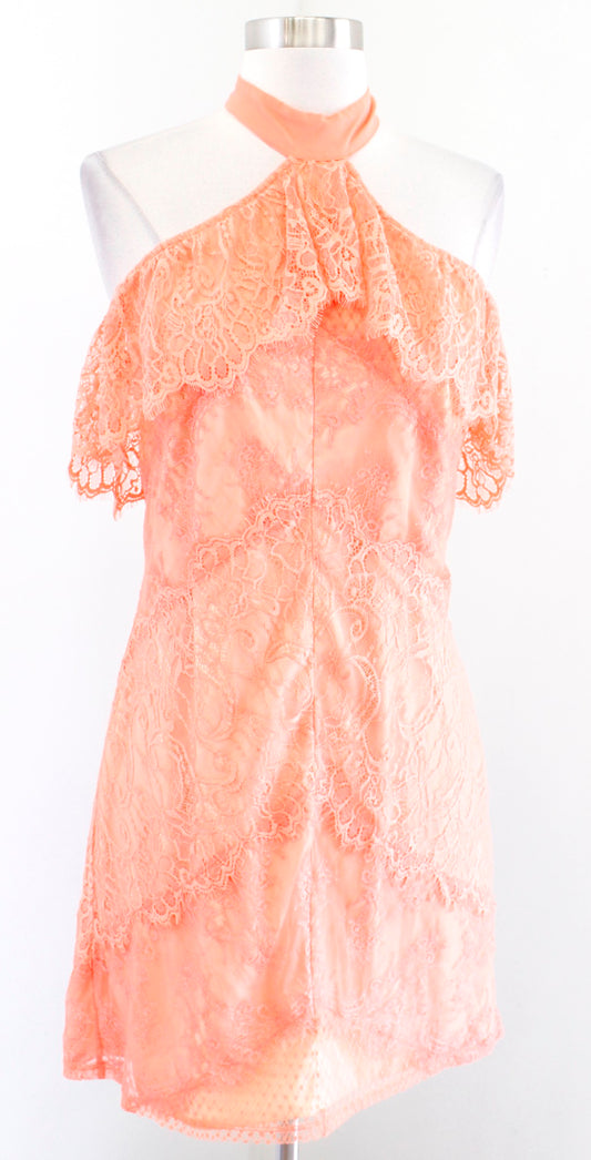 Bebe Orange Lace Ruffle Cold Shoulder Tie Halter Dress Size 10 Mini Party Peach