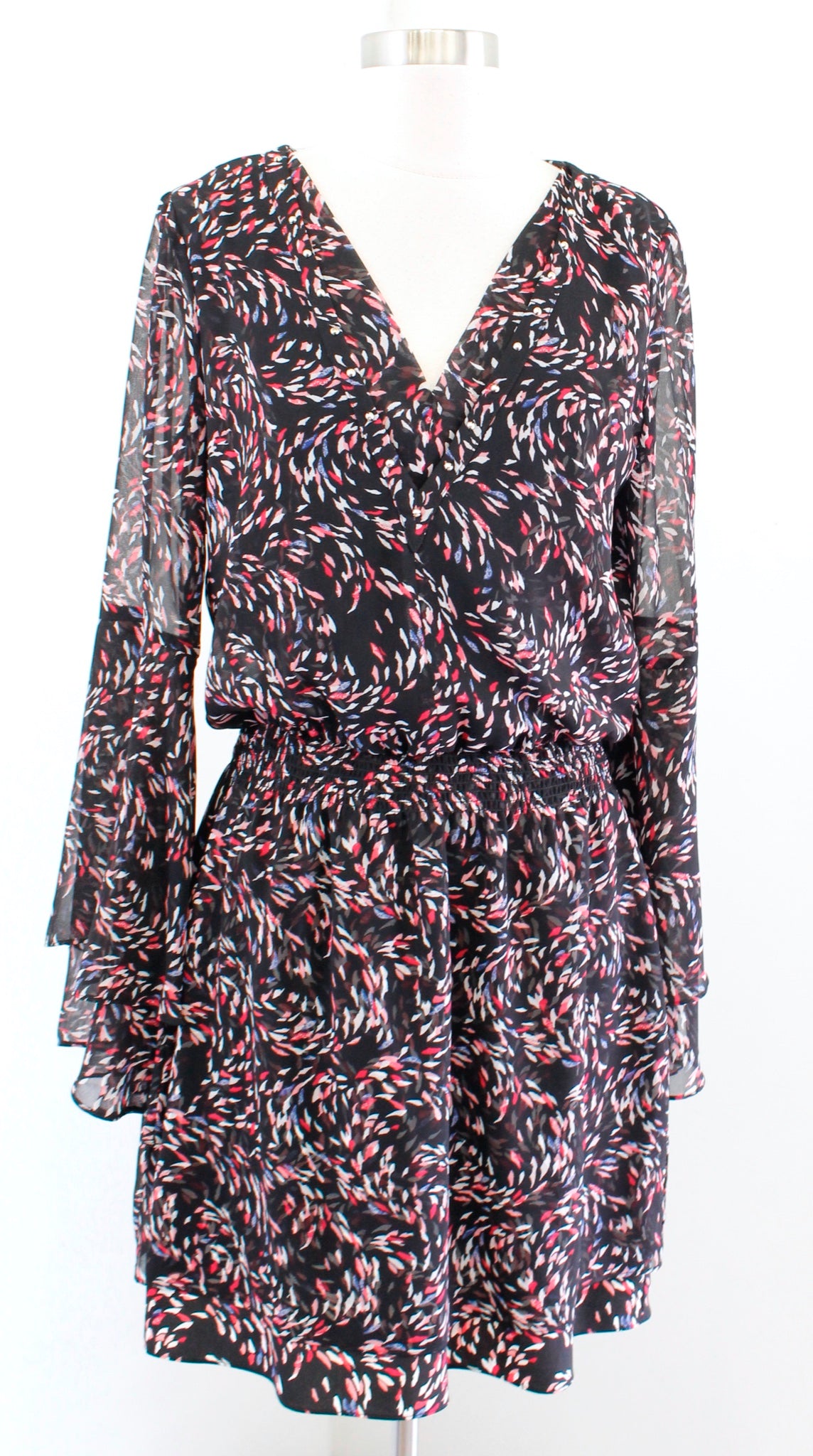 White House Black Market Scattered Print Boho Dress Size 6 Bell Sleeve Layered