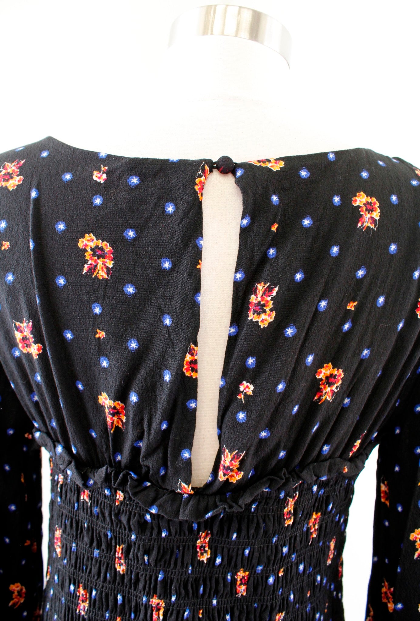 Free People Two Faces Black Smocked Printed Mini Dress Long Sleeve Size S Floral