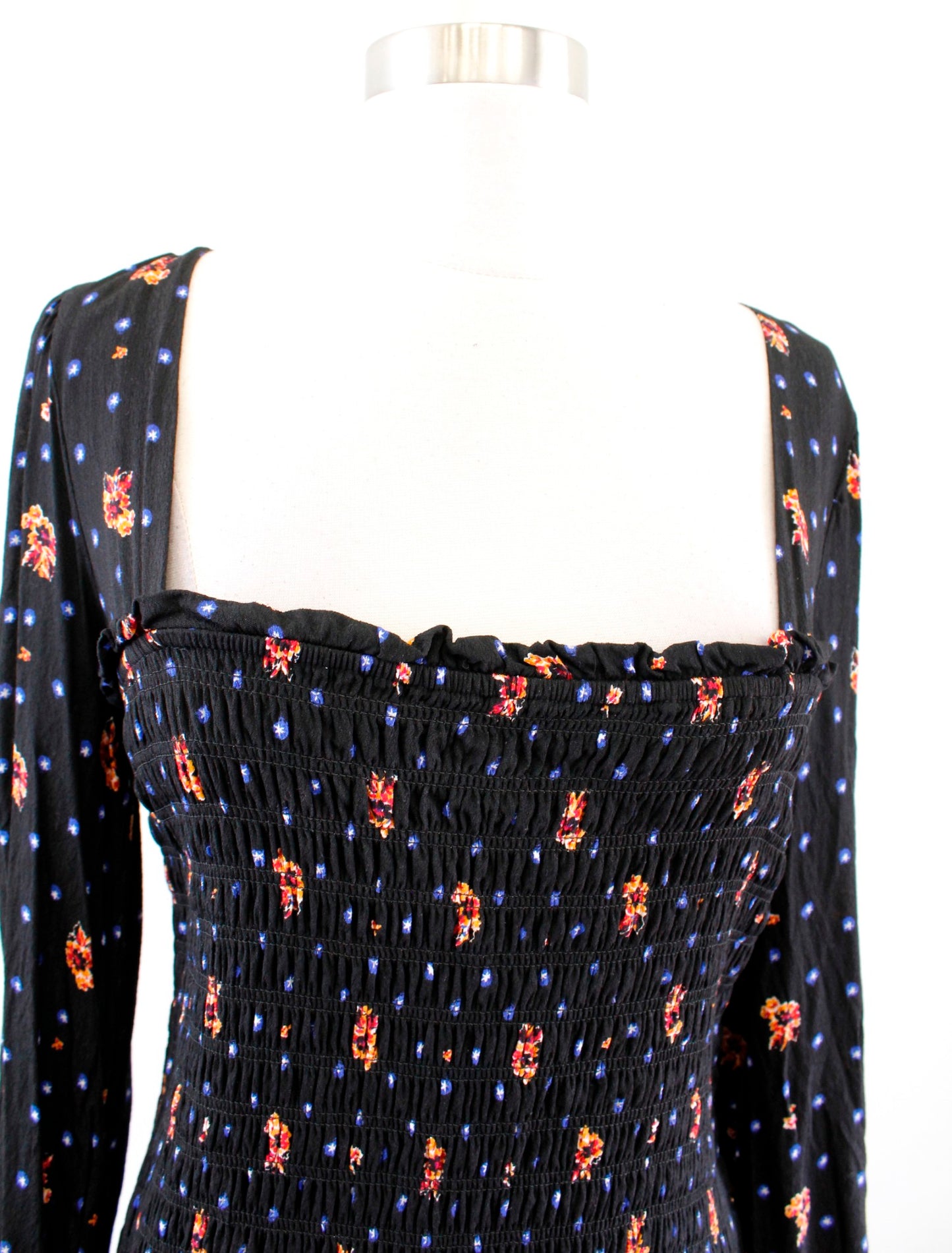 Free People Two Faces Black Smocked Printed Mini Dress Long Sleeve Size S Floral