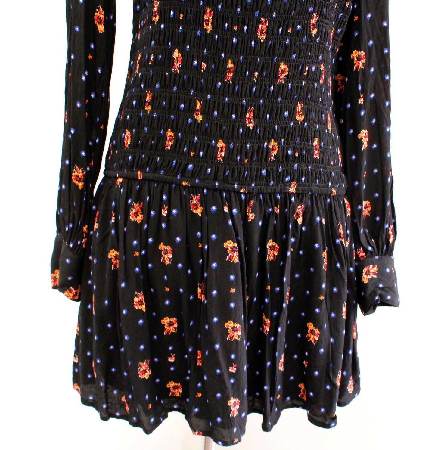 Free People Two Faces Black Smocked Printed Mini Dress Long Sleeve Size S Floral