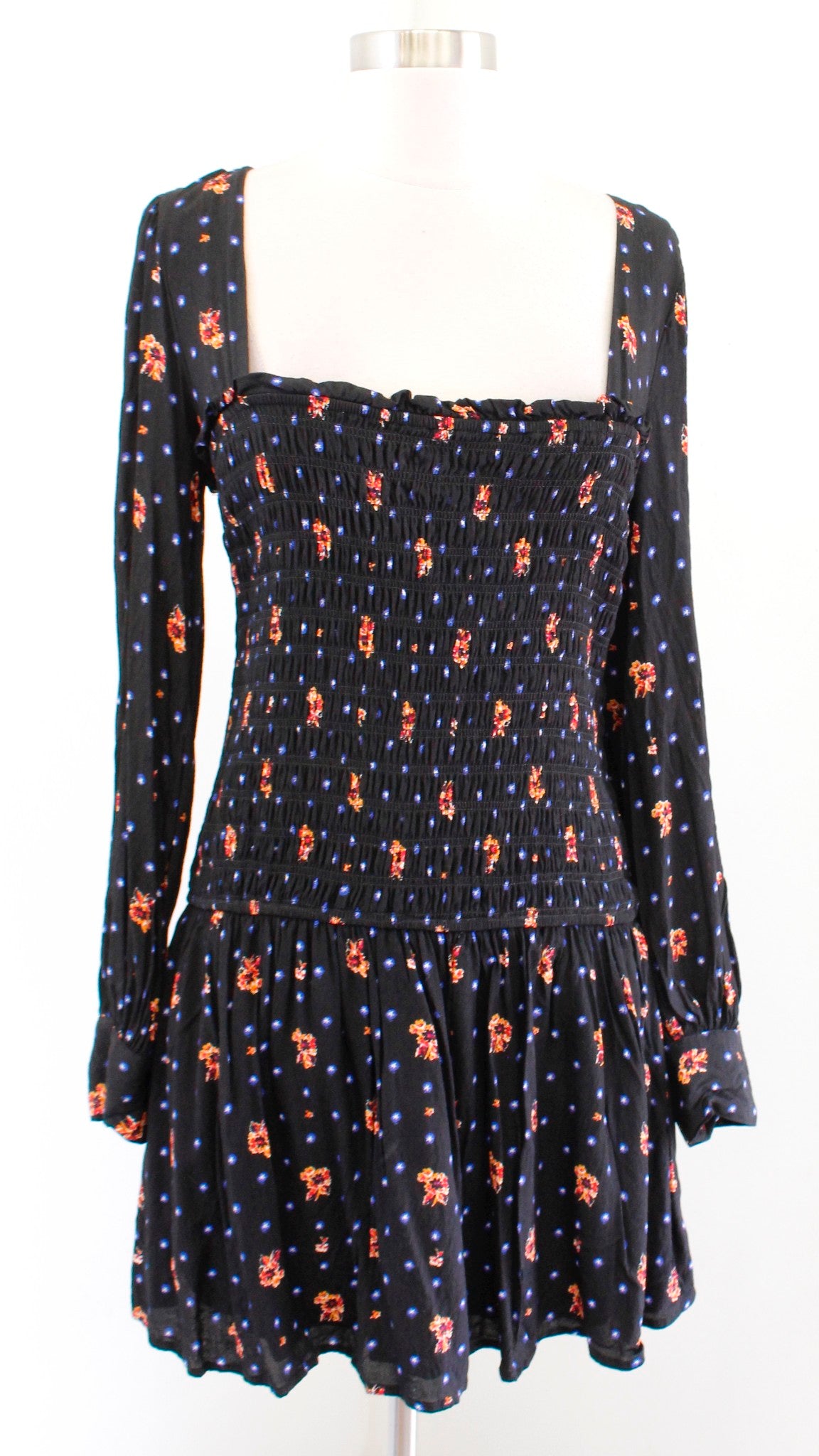 Free People Two Faces Black Smocked Printed Mini Dress Long Sleeve Size S Floral