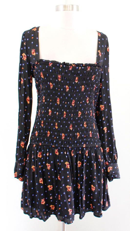 Free People Two Faces Black Smocked Printed Mini Dress Long Sleeve Size S Floral