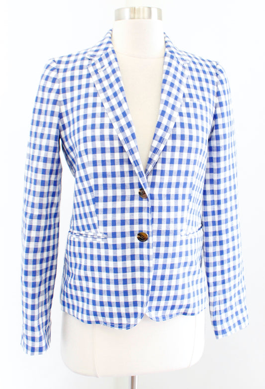 J Crew Factory Blue Linen Gingham Plaid Schoolboy Style Blazer Jacket Size 0