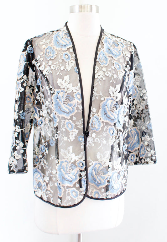 Alex Evenings Black Sheer Floral Embroidered Evening Jacket Sz PM MP Blue Beige