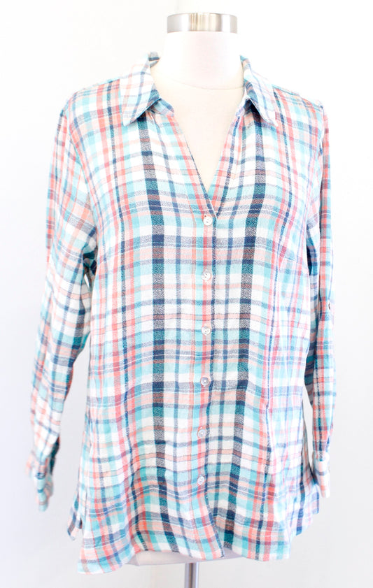 NWT Soft Surroundings Emerson Multi Color Plaid Button Front Tunic Shirt PM MP