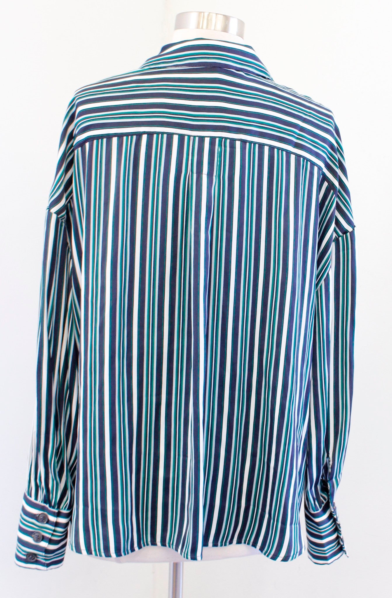 Free People Mad About You Striped Button Down Blouse Shirt Size S Green Navy Long Sleeve