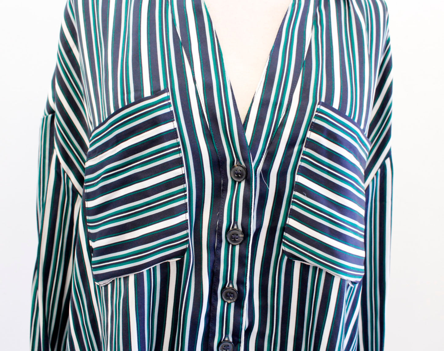 Free People Mad About You Striped Button Down Blouse Shirt Size S Green Navy Long Sleeve