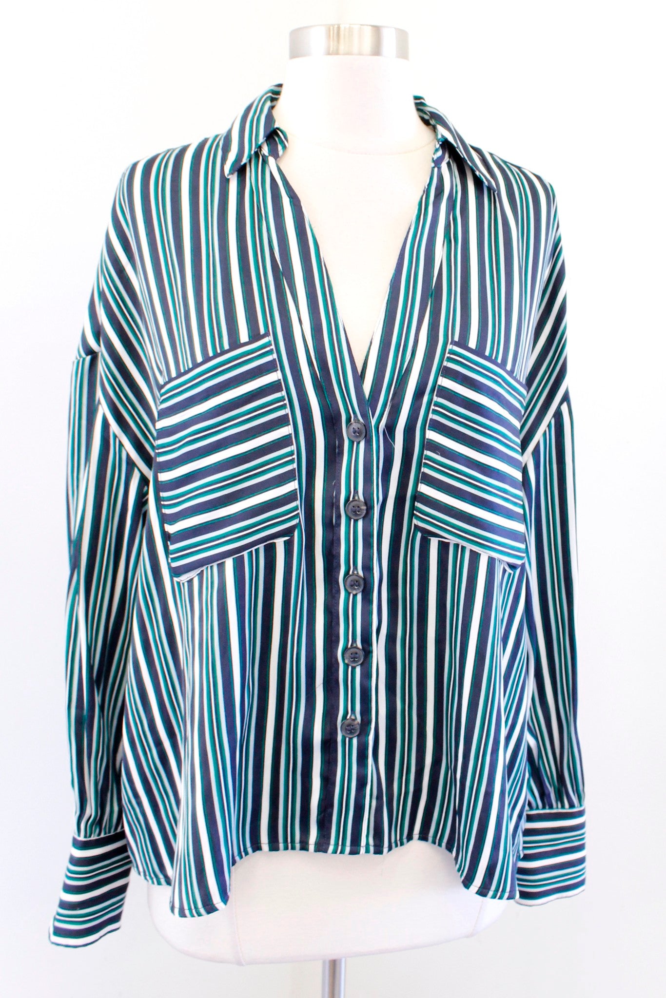 Free People Mad About You Striped Button Down Blouse Shirt Size S Green Navy Long Sleeve