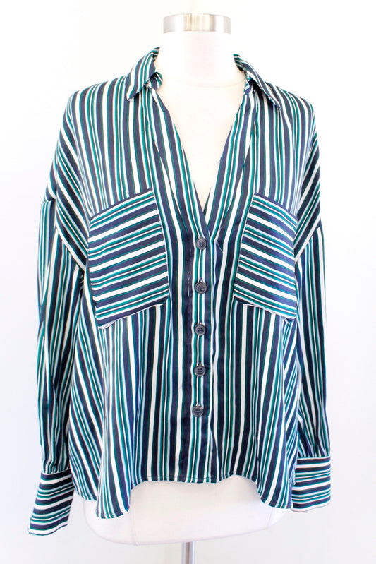 Free People Mad About You Striped Button Down Blouse Shirt Size S Green Navy Long Sleeve